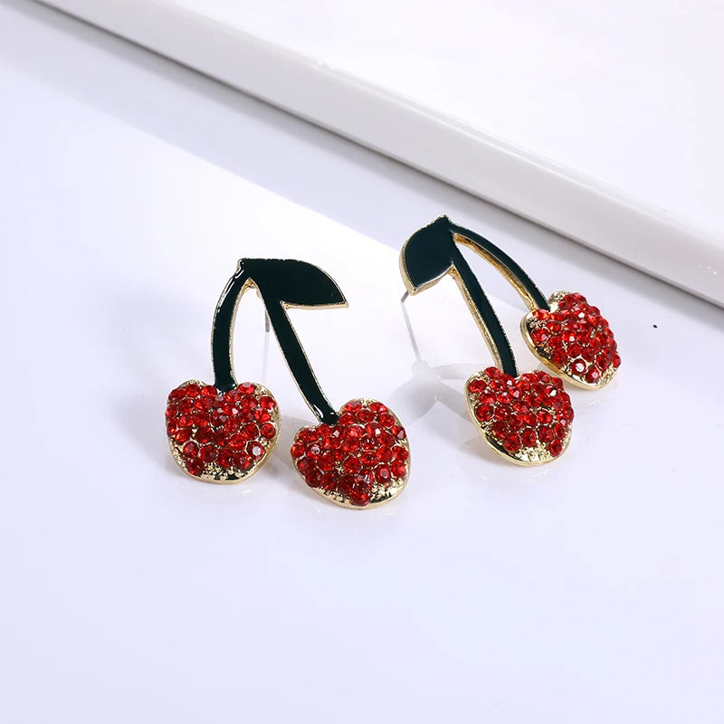 Fashion Jewelry Fruit Cherries Earrings Red Rhinestone Cherry Stud Earrings Eanmel Crystal for Women CHRISTIAN Gold Plated EASYA