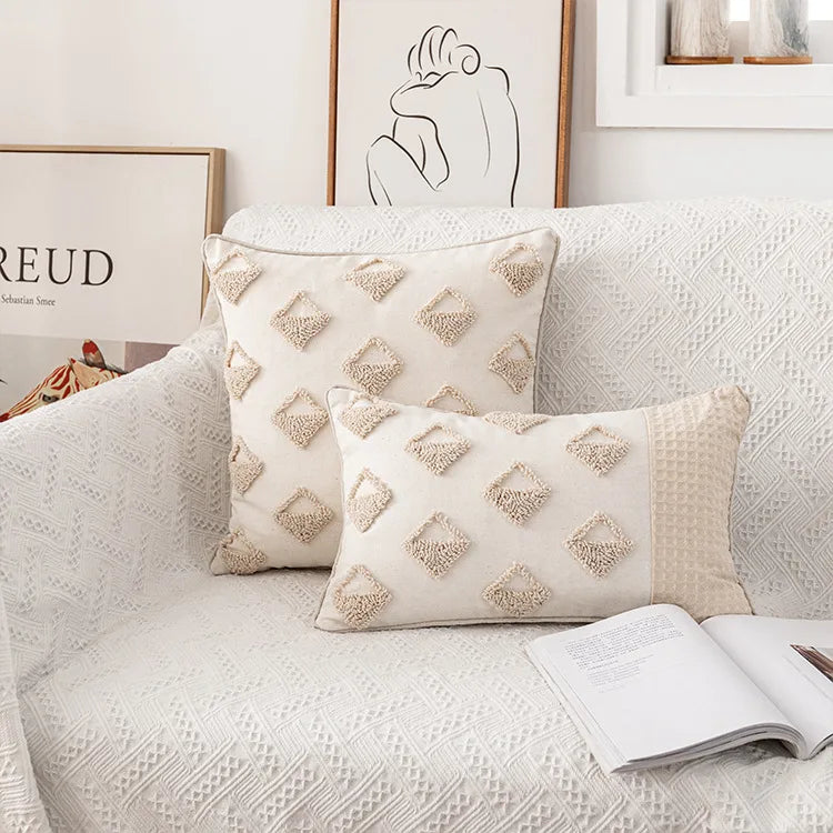 Boho Pillow Cover Cotton Tufted Woven Pillow Cover Decorative Square Pillow Cases for Couch Sofa Bed
