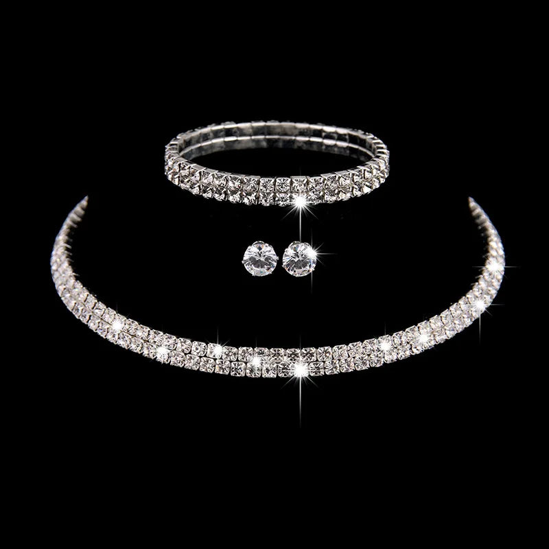 Luxury Female White Crystal Jewelry Set Charm Silver Color Wedding Dangle Earrings for Women Cute Bridal Geometry Chain Necklace