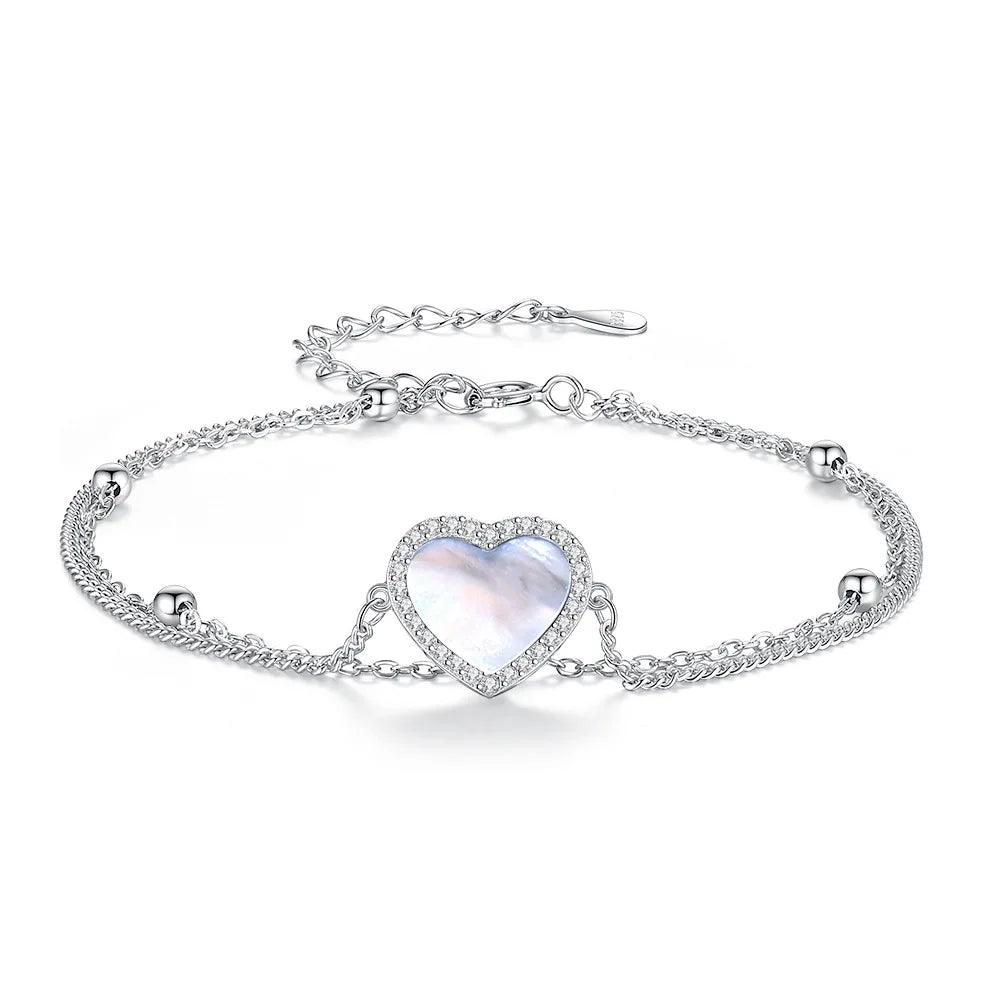 SPJ Wholesale S925 Sterling Silver Double Layer Heart Bracelet Natural Mother of Pearl Heart Jewelry Luxury Layered Bangle Gift MegaBDM