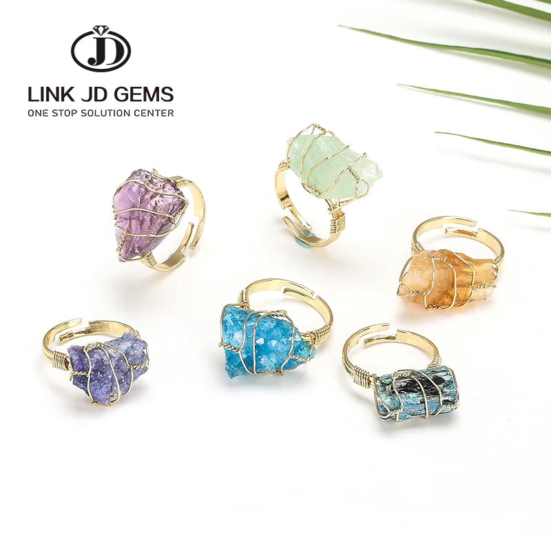 JD Wholesale Natural Stone Irregular Bar Setting Women Rings Healing Rough Stone Jewelry Fluorite Fashion Finger Wedding CNAS