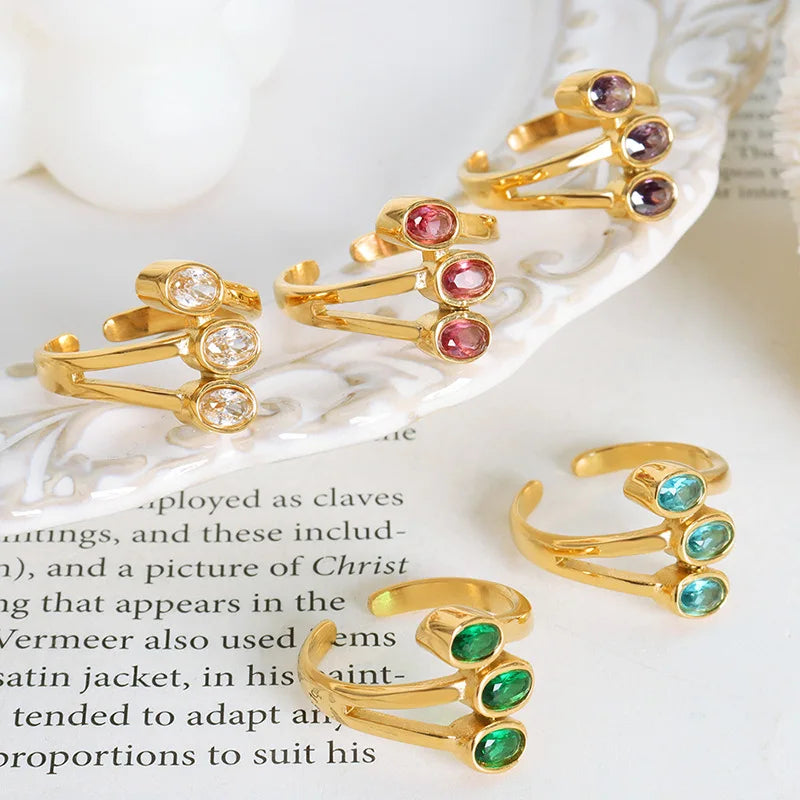 New Arrival 18k Gold Plated Layer Chunky Open Ring Leaf Shape Green Pink Clear Zircon Finger Ring Bague Acier Inoxydable Nouveau