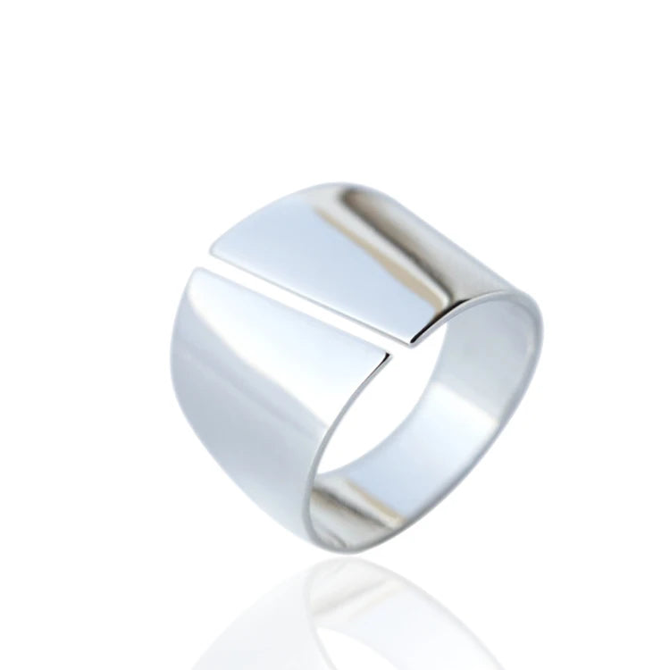 Geometry Slash 15mm Wide 925 Sterling Silver Plain Big Adjustable Open Finger Ring Cuff Thumb 925 Silver Band Ring