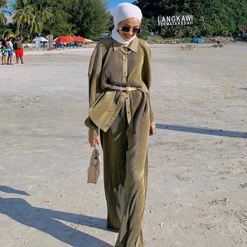Co Ord Muslim Baju Kurung Malaysia Islamic Clothing Modest Long Sleeve Pleated Satin Blouse and Pants Two Piece Set Abaya