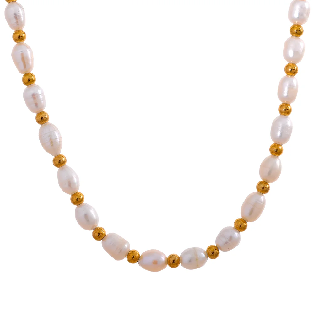 JINYOU 1192 New Natural Pearl Stainless Steel Bead Waterproof Gold Color Choker Necklace for Women Fashion Handmade Jewelry