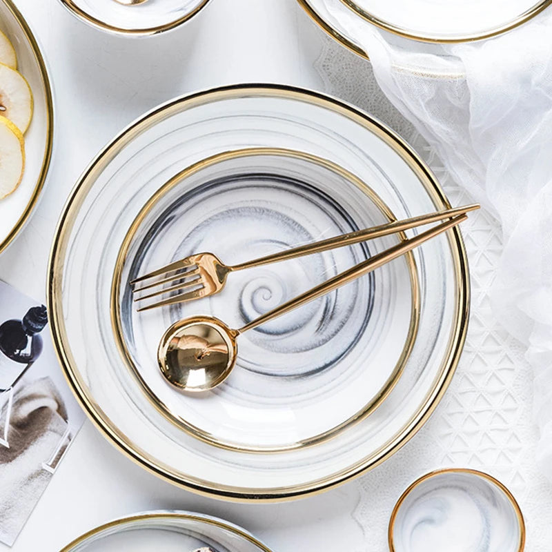 Hot Sale Nordic Color Glaze Marble Gold Rim Dishes Plate Sets Crockery Tableware Porcelain Ceramic Dinner Plate Dinnerware