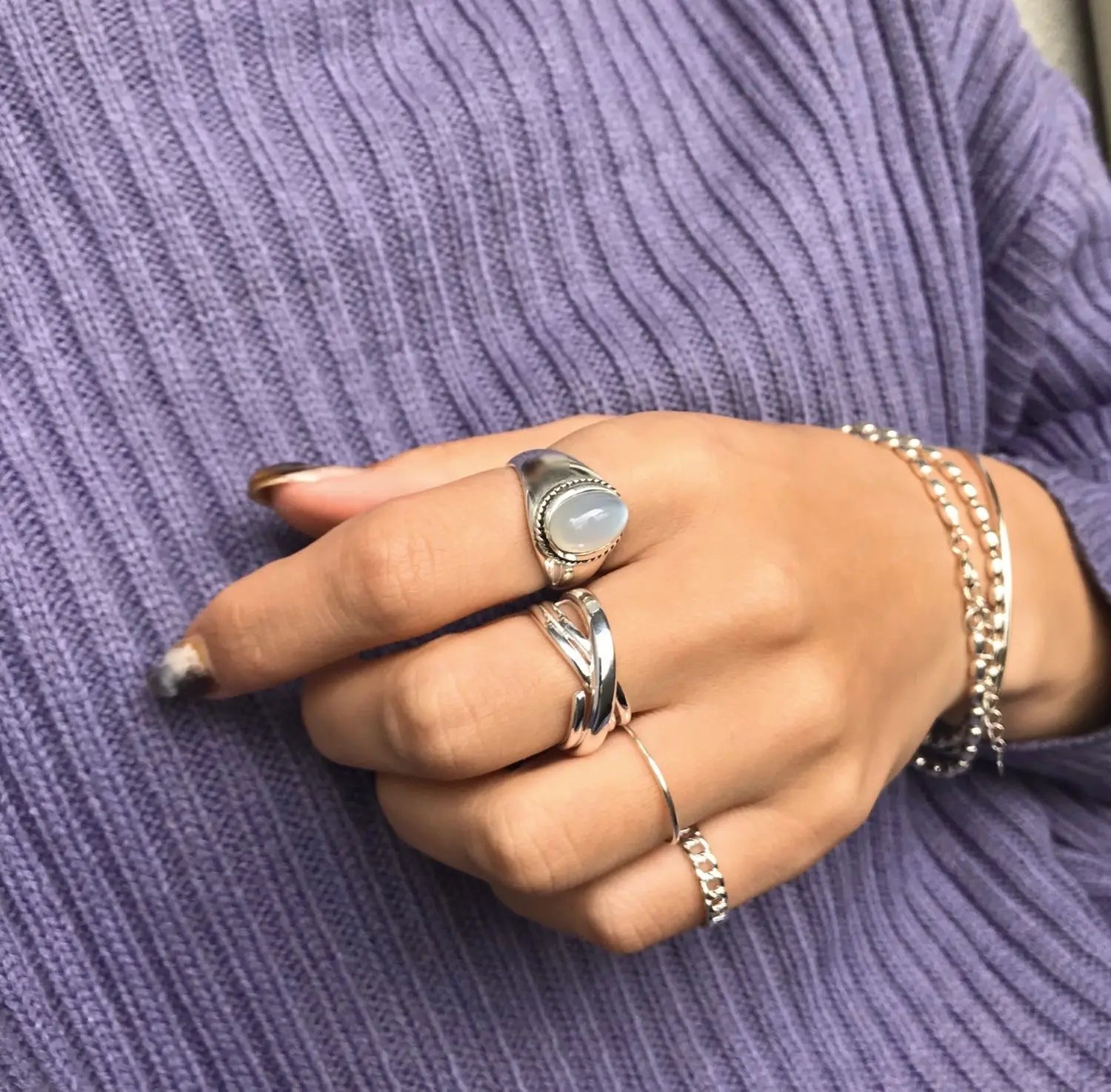 New Simple Design 925 White Agate S925 Sterling Silver Rings Adjustable Finger 925 Silver Ring for Women J-1225