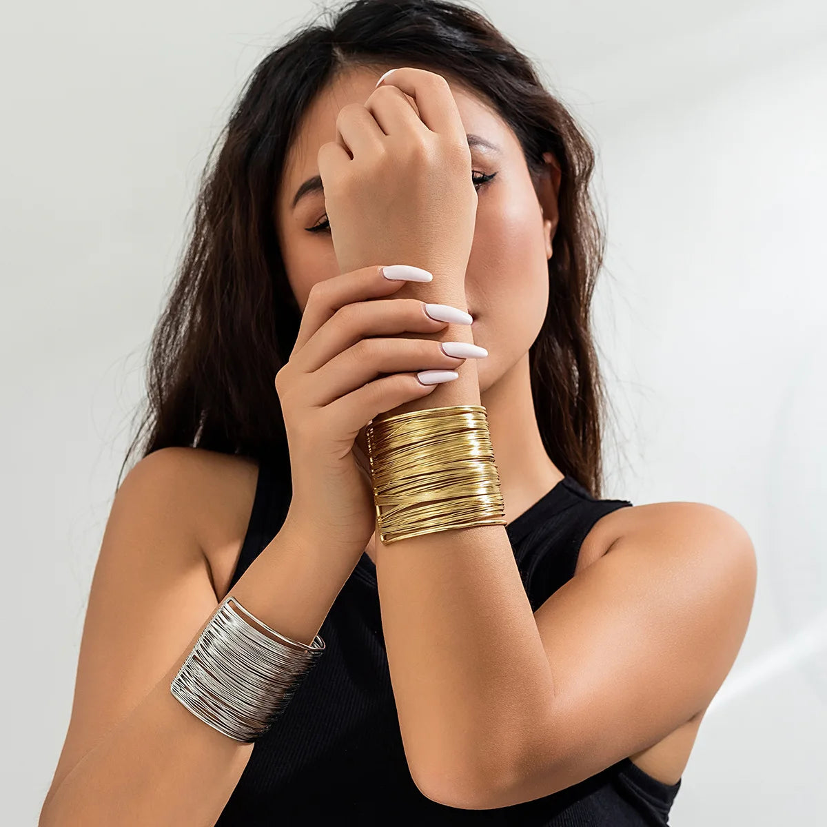 2023 New Arrival Fashion Jewelry Hip Hop Retro Multi Layered Wrapped Metal Simple Wide Open Wire Cuff Bracelet Bangles for Women