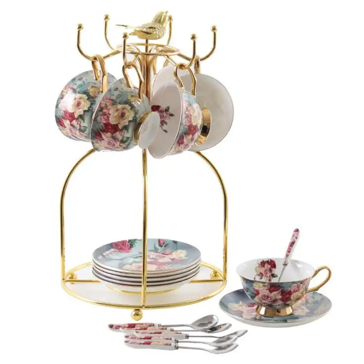 European Classic Color Glazed Rose Coffee Tea Bone Ceramic Cup With Saucer for Customized