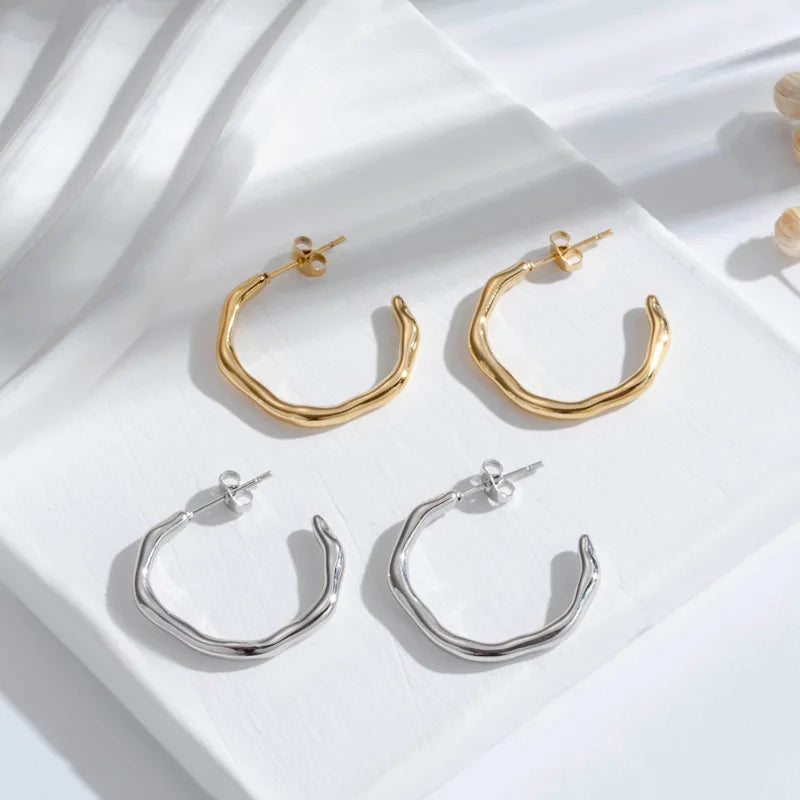 Waterproof Non Tarnish Irregular Glossy Floral C Shaped Hypoallergenic Stainless Steel Hoop Earrings Jewelry Accessories Ladies