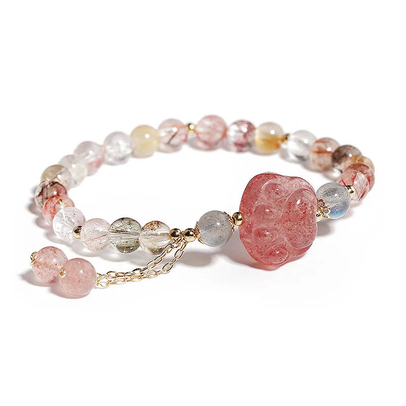 Natural Crystal Beaded Bracelet Korean Tassel Pink Strawberry Crystal Stone Cat Claw Charm Bracelet Bangle for Girl Gift