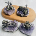 Decorative Natural Gold Rush Pick Miner Worker on Raw Amethyst Cluster Base for Home Decoration