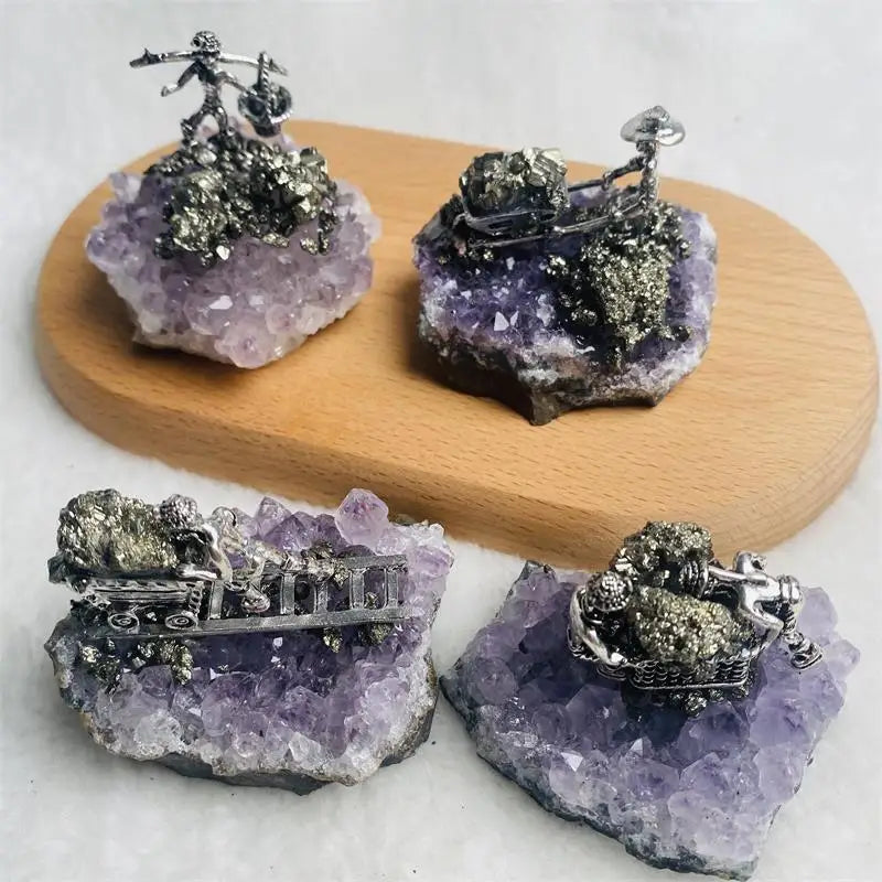 Decorative Natural Gold Rush Pick Miner Worker on Raw Amethyst Cluster Base for Home Decoration