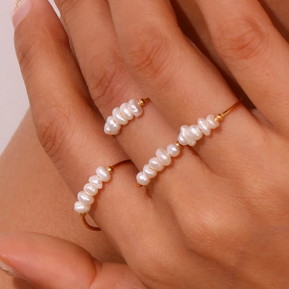 Dainty Cute Stainless Steel Frame Freshwater Pearl Ring Beaded Antique Dating Everyday Wear Little Pinky Finger Rings for Women
