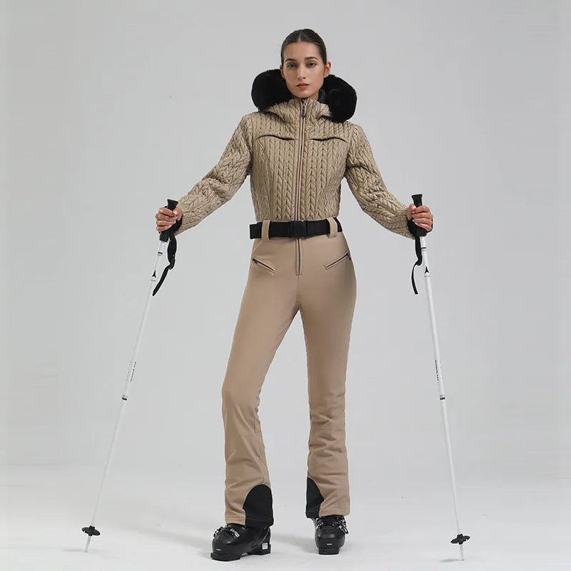 Women's Ski Jumpsuit Winter Waterproof Breathable Windproof Outdoor Sportswear Snowsuit Zipper Warm Faux Fur Hoodies Coat Casual