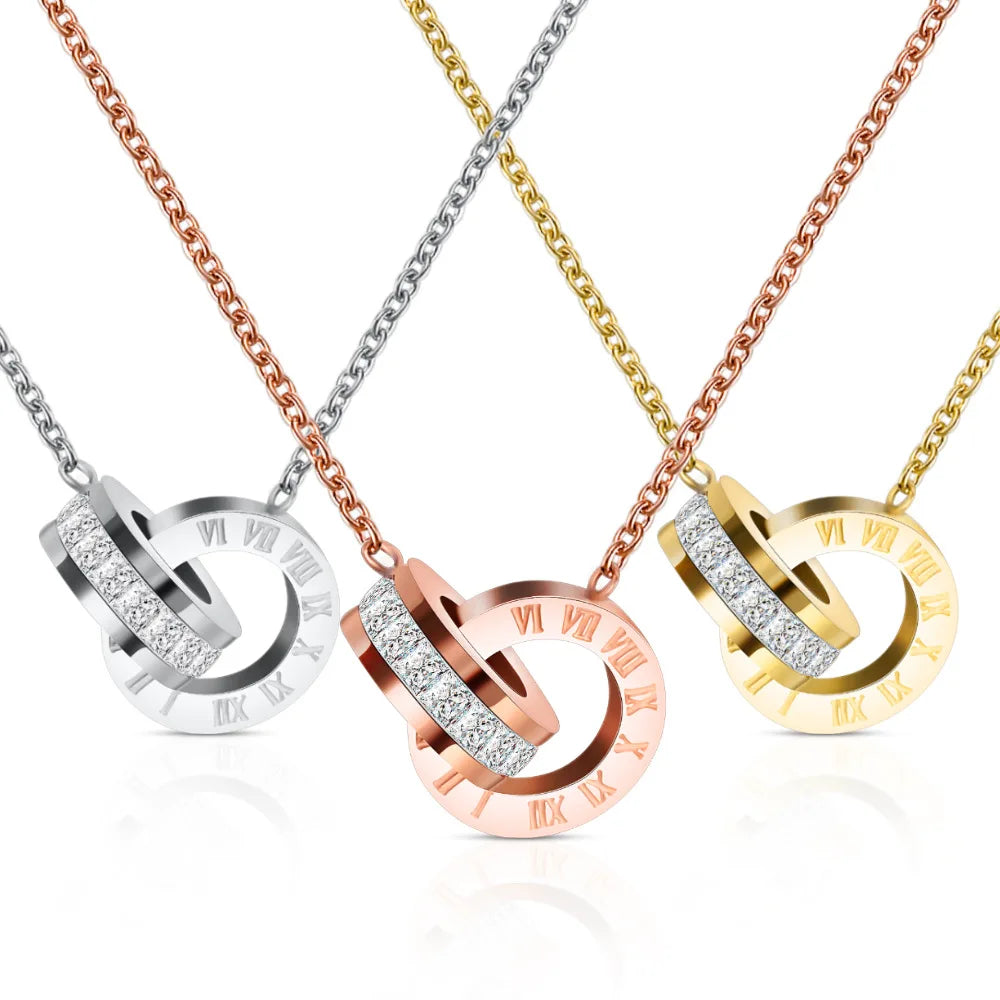 Luxury Non Tarnish Silver 18K Gold PVD Plating Stainless Steel Zircon Double Ring Roman Numerals Necklace Jewelry for Women