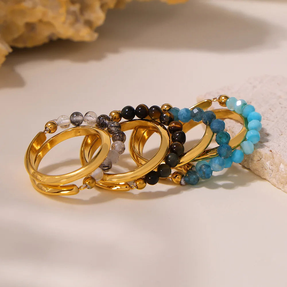 Minimalist Double Layers Tiger Eye Gemstone Ring PVD 18K Gold Plated Natural Stone Ring Stainless Steel Rings for Women