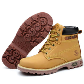 Men's Steel Toe Leather Work Boots Construction Rubber Sole
