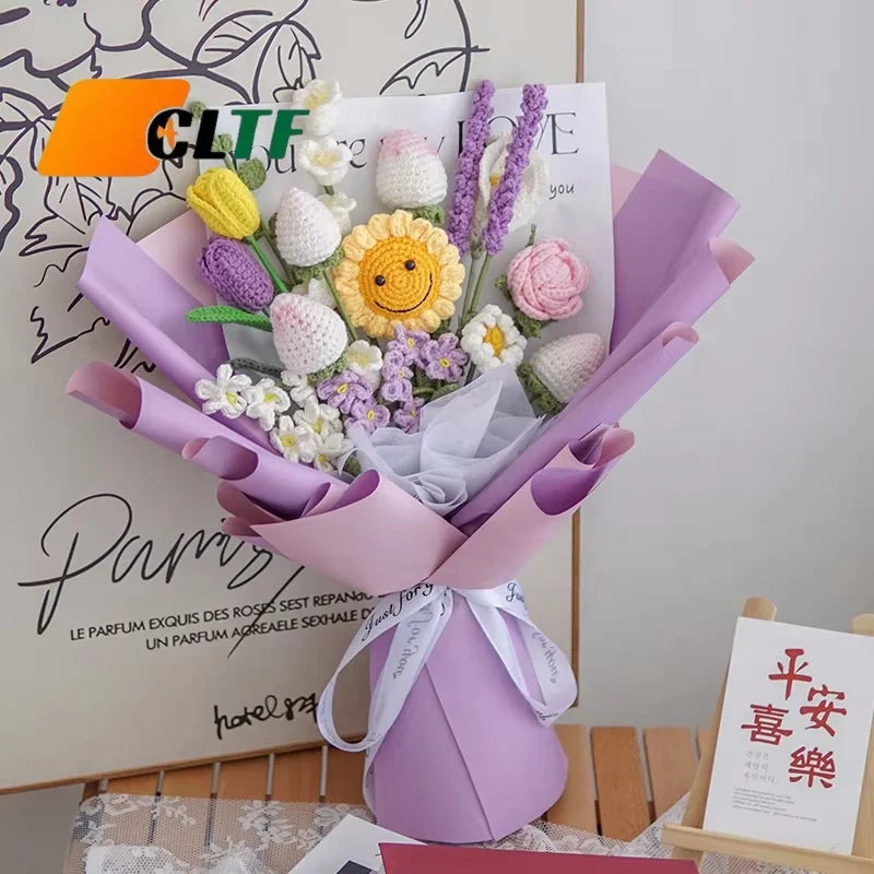 Hot Sale New Trendy Finished Product Handmade Knitted Crochet Flower Bouquet Valentines Mother's Day Gift Bouquet 2026