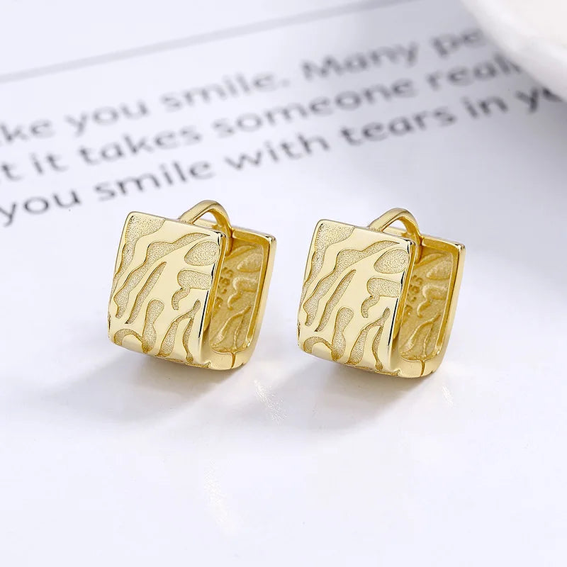 American European Fashion 925 Sterling Silver Chic Punk Thick square Relief Embossment Texture Gold Plated Hoop Earrings