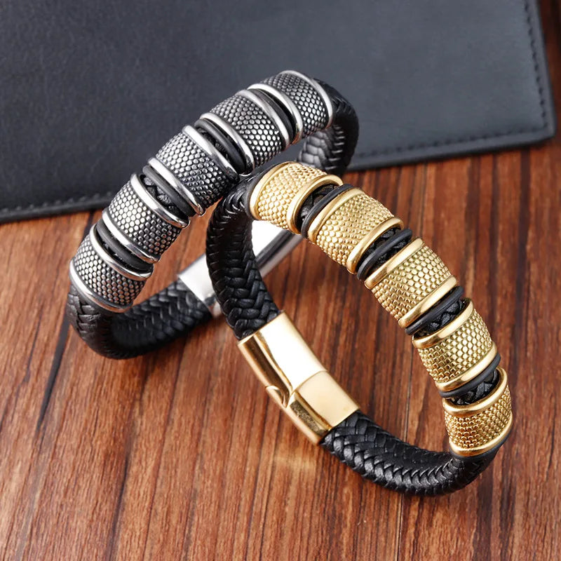 Fashion Trendy Genuine Leather Bracelet Handmade Magnetic Buckle Woven Bracelet Stainless Steel Unisex Jewellery Accessories