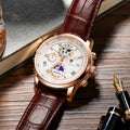 LIGE LG8974 Wholesale Price Calendar Brown Leather Watch for Men 3 Subdials Roman Numeral Classics Noon Phase Wristwatch+ Box