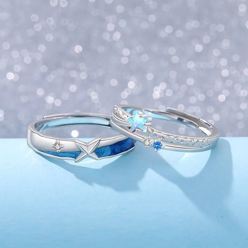 Sterling Silver S925 Romantic Shiny Star Couple Ring for Wedding Jewelry Meteor Shower Zircon Matched Couple Ring for Men Women