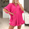 Women Y2K Oversized Button Down Shirt High Waist Pants Shorts Outfits Summer Streetwear 2 Piece Pants Set