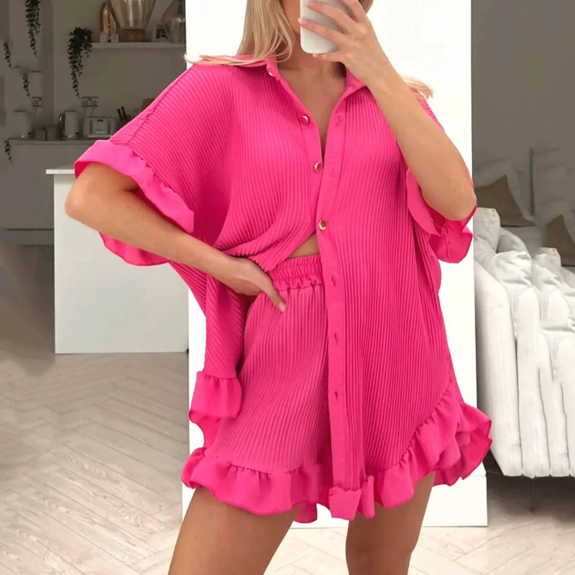 Women Y2K Oversized Button Down Shirt High Waist Pants Shorts Outfits Summer Streetwear 2 Piece Pants Set