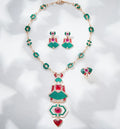 Original Design Luxury Green Malachite Red Ruby Gemstone Big Pendant Necklace Earring Ring Set