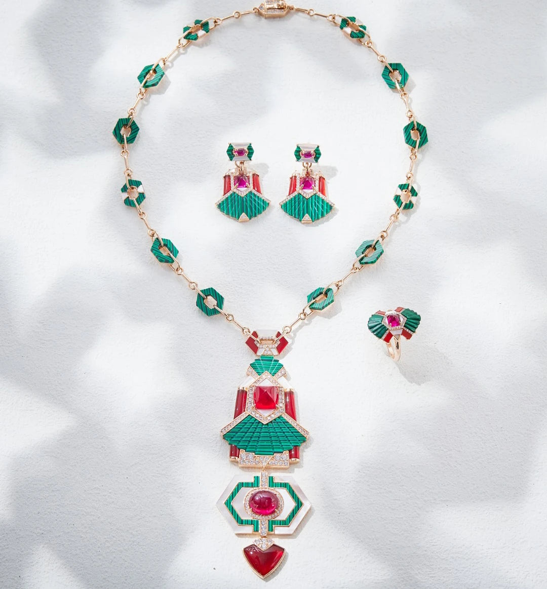 Original Design Luxury Green Malachite Red Ruby Gemstone Big Pendant Necklace Earring Ring Set