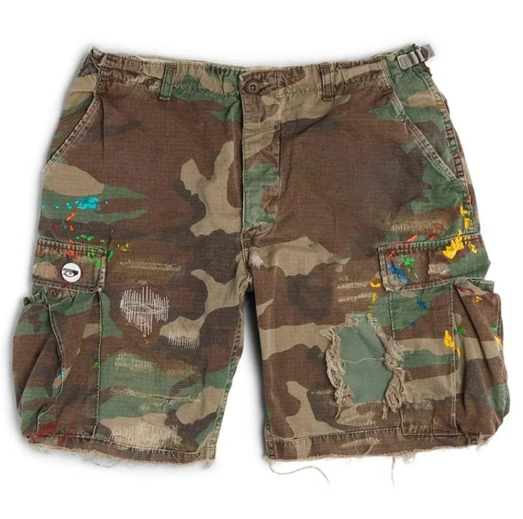 High Street Fashion Custom Logo Distressed Jean Shorts for Men Elastic Waist Denim Camo Cargo Shorts Multi-Pocket Plus Size
