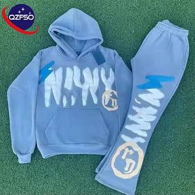 QZFSO Clothing Manufacturer Sweatsuit Men Embroidery Tracksuit Unisex Hoddie Custom Puff Printing Logo Sweatpants and Hoodie Set