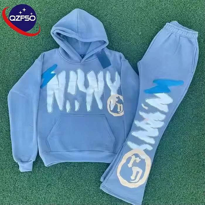 QZFSO Clothing Manufacturer Sweatsuit Men Embroidery Tracksuit Unisex Hoddie Custom Puff Printing Logo Sweatpants and Hoodie Set