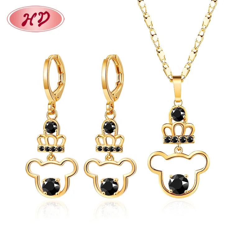 Cheaper Jewelry Making Factory Little Cute Black Bear Cz Drop Earring Necklace 18k Golden Brass Jewelry Sets for Women