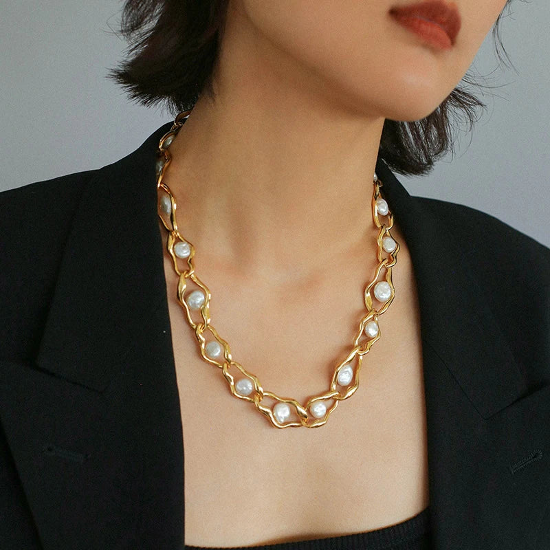 Wholesale Women Baroque Pearl with Chain 18k Gold Plated Necklace Jewelry