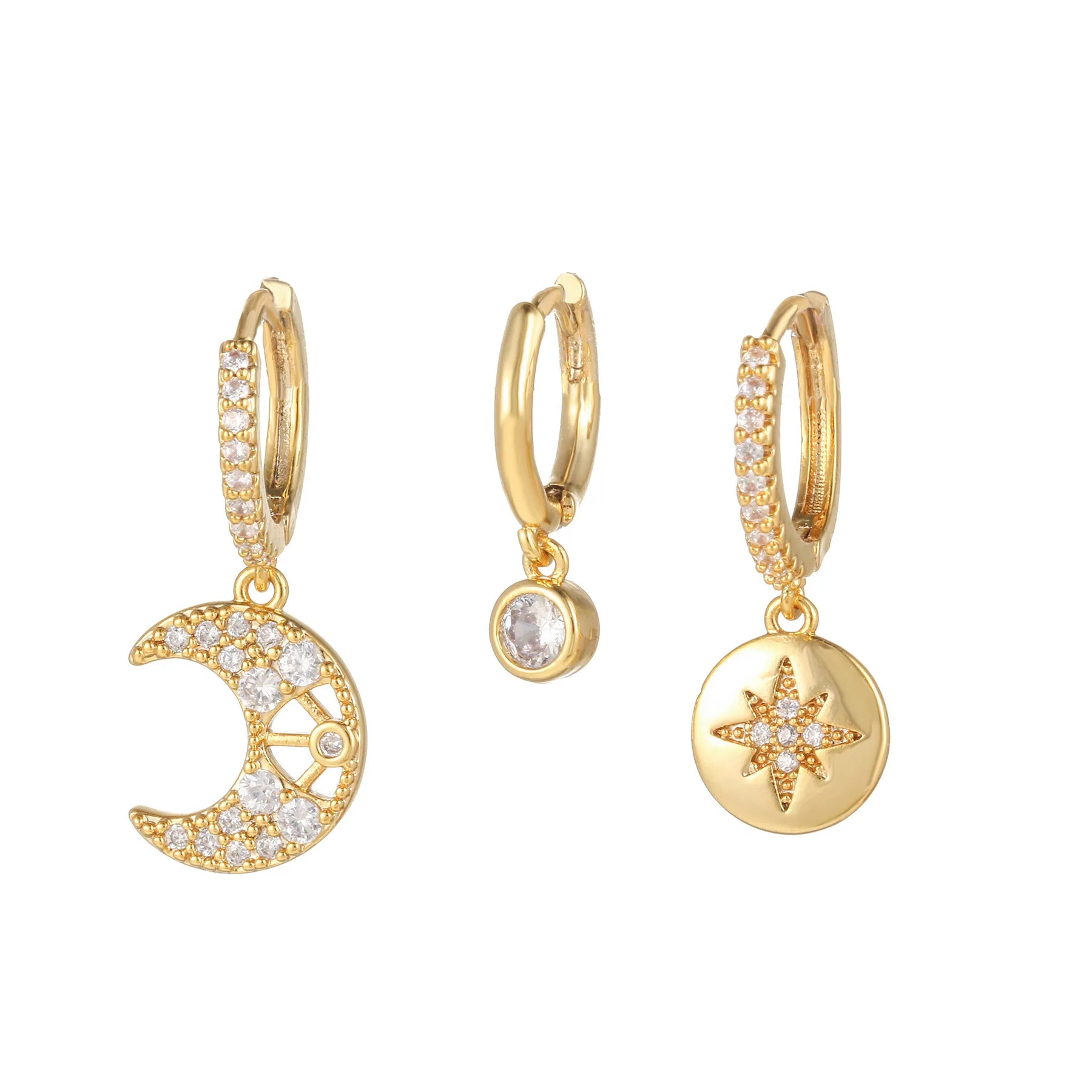 European Fine Women's Jewelry Set 18K Real Gold Sparkling Zircon 3pcs Diamonds Drop Hoop Earrings Geometric Trendy Huggie Huggie