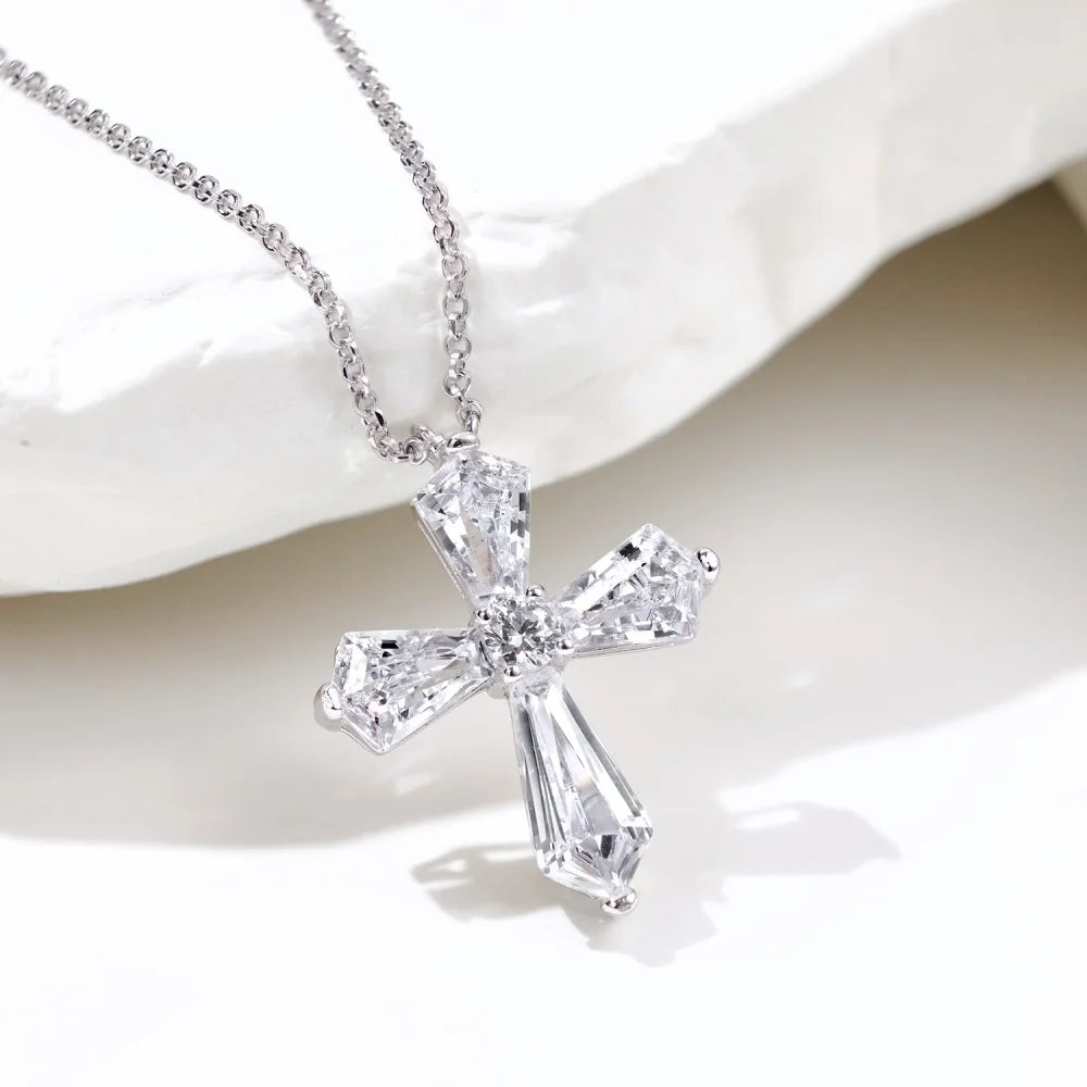 Luxury Trendy 925 Sterling Silver Women's Zircon Cross Pendant Necklace