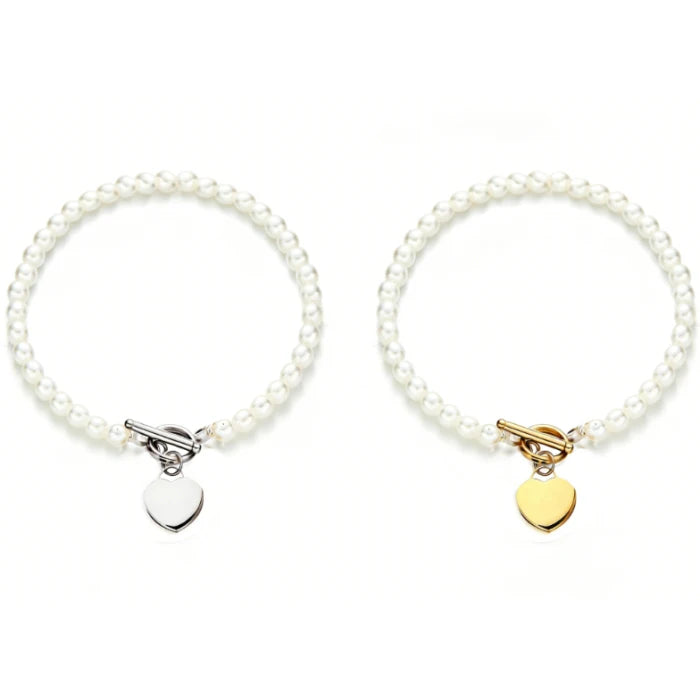 Vintage Elegant Delicate Custom LOGO Blank Jewelry PVD Plated Stainless Steel Blank Heart Pearl Bead Wedding Bracelets for Women