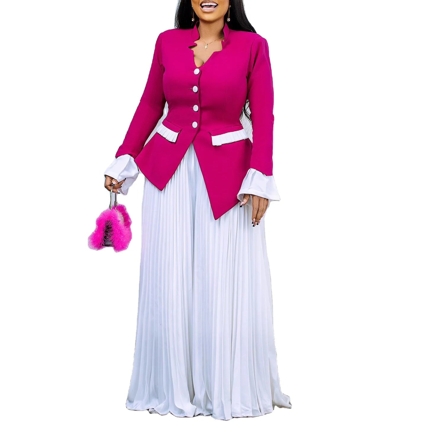 Fashion African Women's Suit Pleated Wide Leg Pants Set Elegant Office Wear Pants and Blouses Set