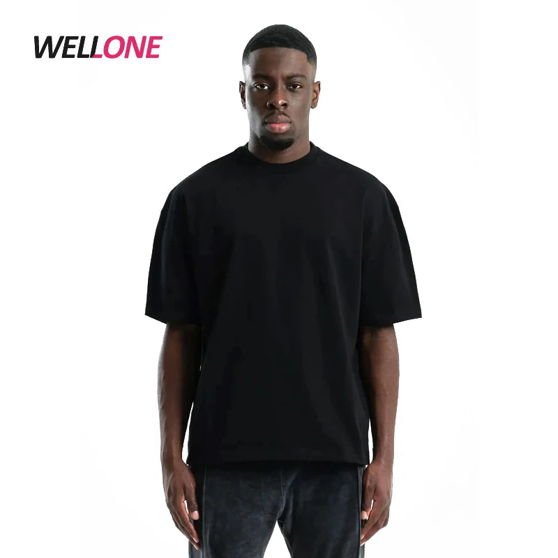 Boxy Drop Shoulder Men's Black Heavy Cotton Custom Embroidery Knitted Oversize Solid Blank Tshirt Plain Organic Cotton T-shirts