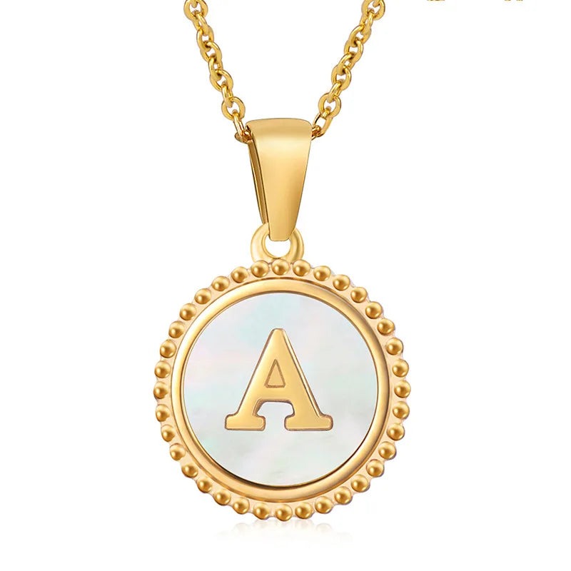 Duyizhao Simple 18K Round Shell Stainless Steel Letter Necklace Women Fashion Ground Titanium Steel Letter Pendant Necklace
