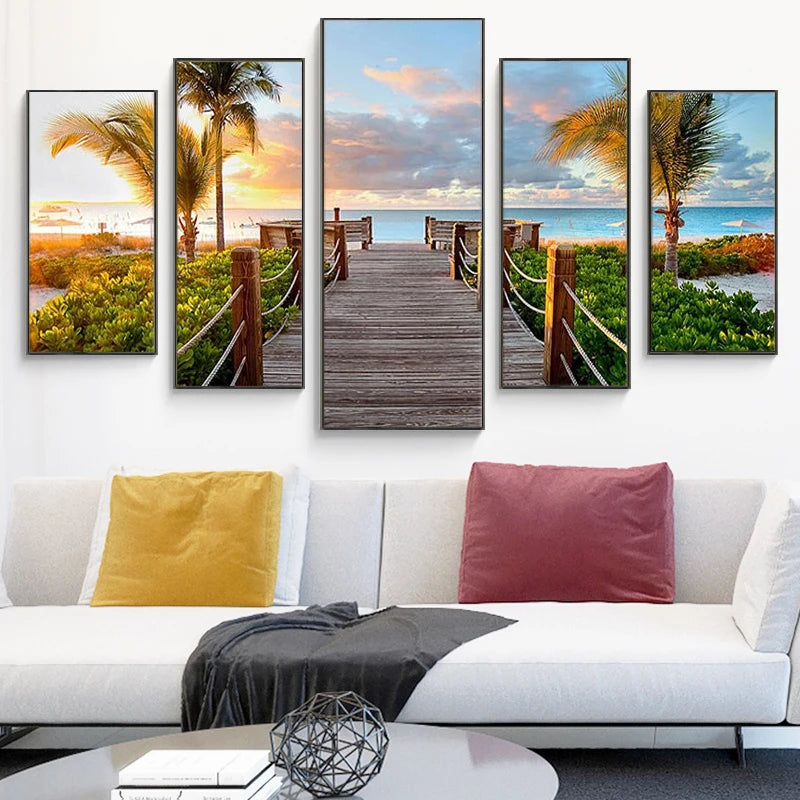 Wholesale Wall Art 5 Panels Mountain Landscape Canvas Art Framed Cuadros Decorativos