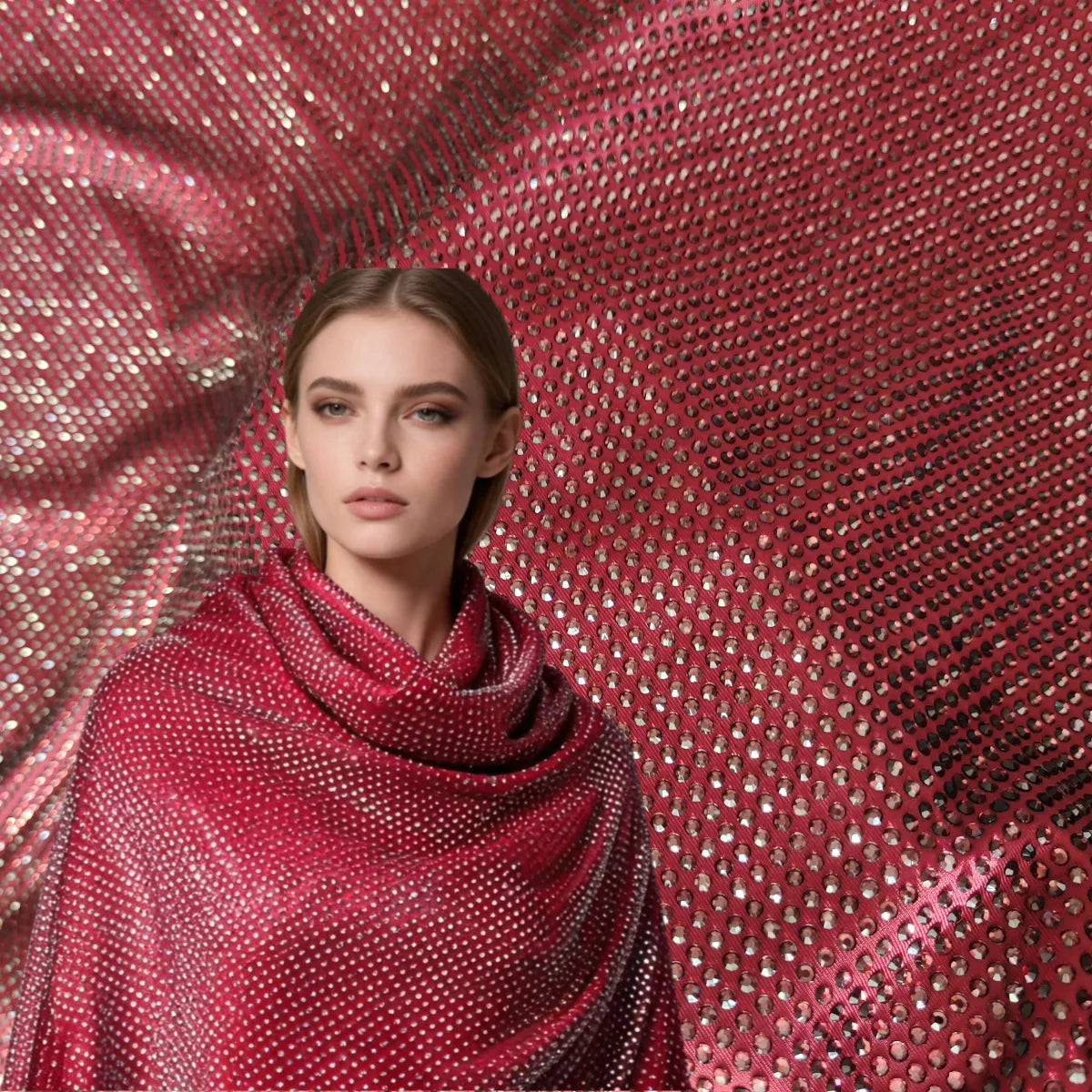 Factory Print Spandex Fabric With Burgundy Rhinestones Crystals for Custom Rhinestones Dress