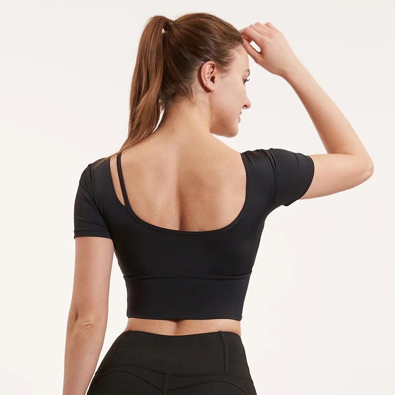 Plain Padded Yoga Bra Shirt Sexy U Neck Tops Shirts Womens Fitness Crop Tops Short Sleeve Gym Activewear