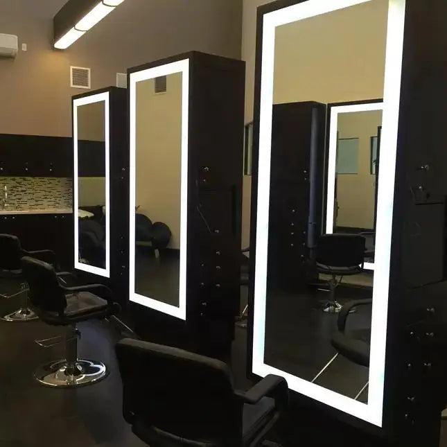 Hair Salon Equipment Work Stations Double Sided Salon Styling Station Mirror With Led Light for Barbershop