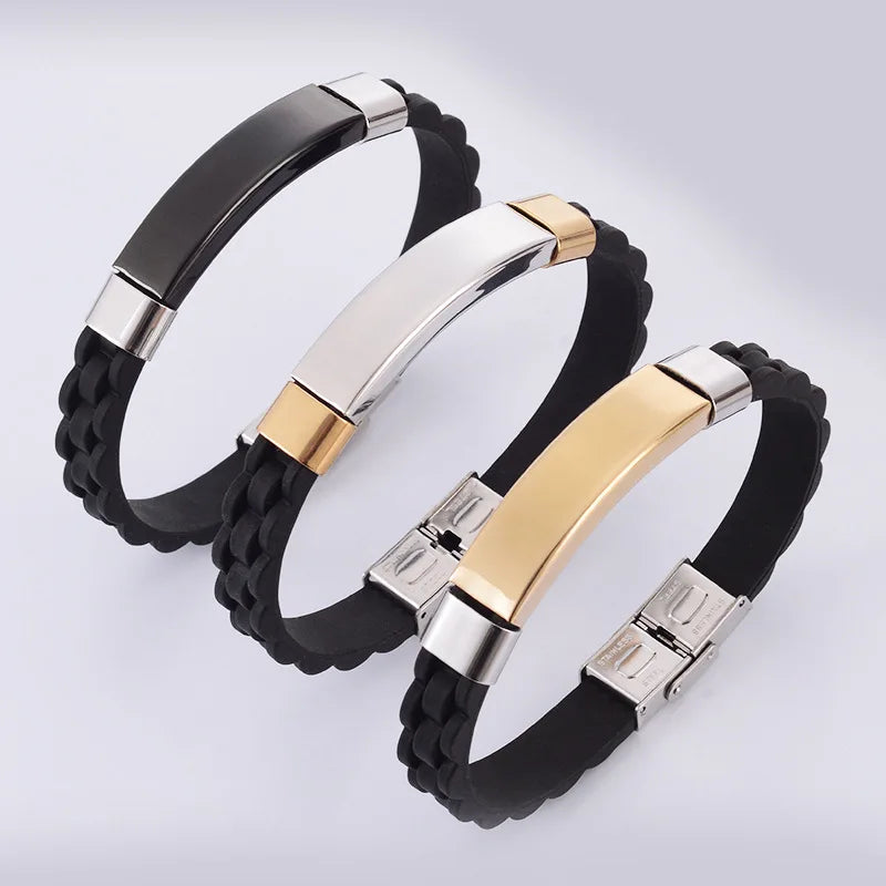 New Fashion Custom Letter Black Rubber Wristband Stainless Steel Bracelet Bangle En Silicone for Couple