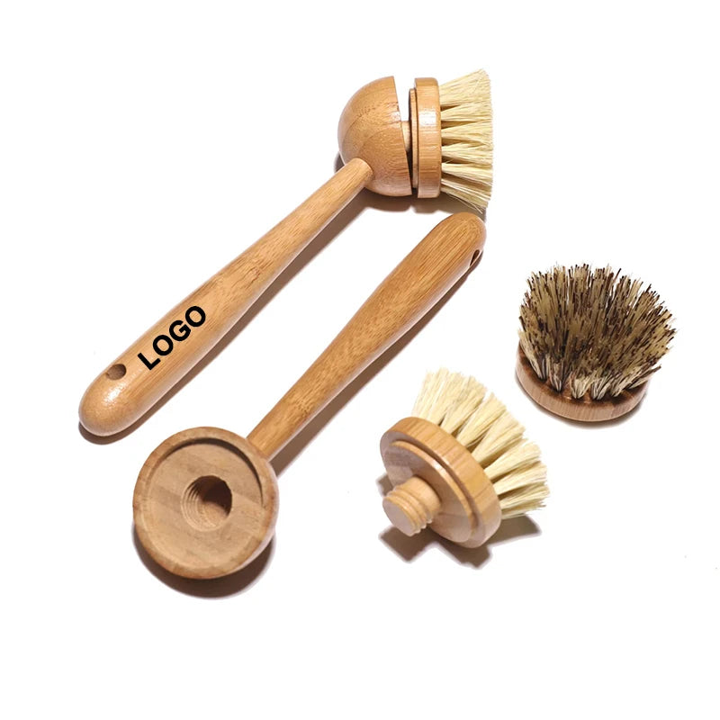 Custom Logo Detachable Cleaning Brush Cleaning Kitchen Scrub Brush for Dish 100% Bamboo Handle Sisal Bristles Replacement Brush
