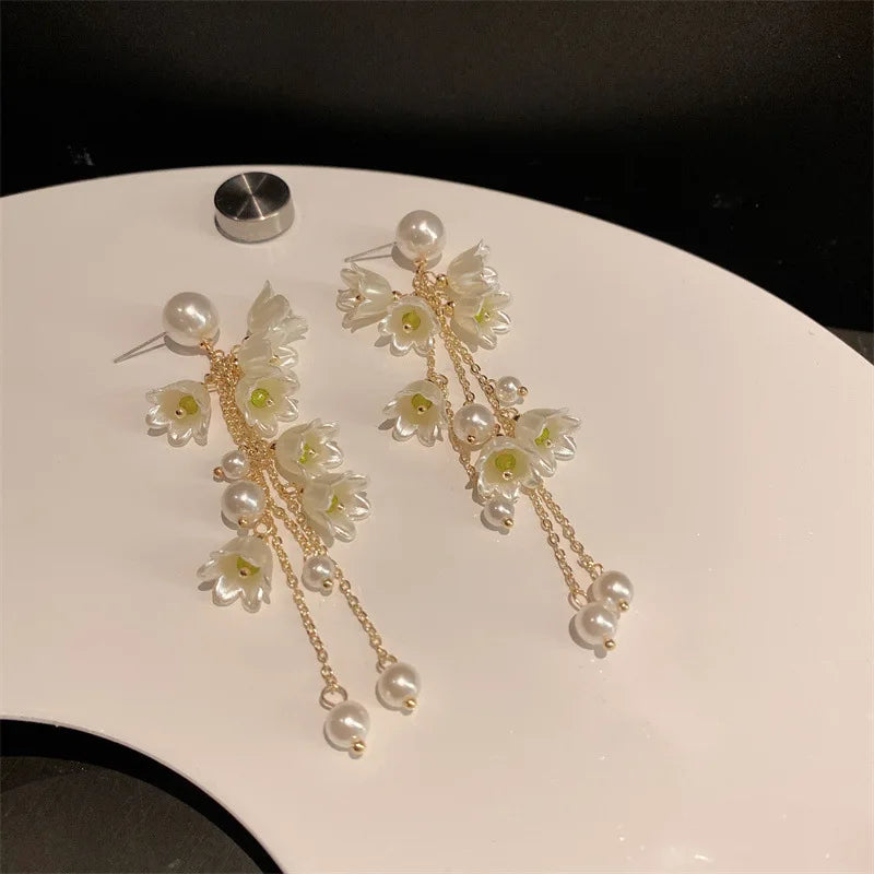 Silver Needle Korean Niche Sweet and Elegant Flower Earring Long Tassel Jewelry Earring