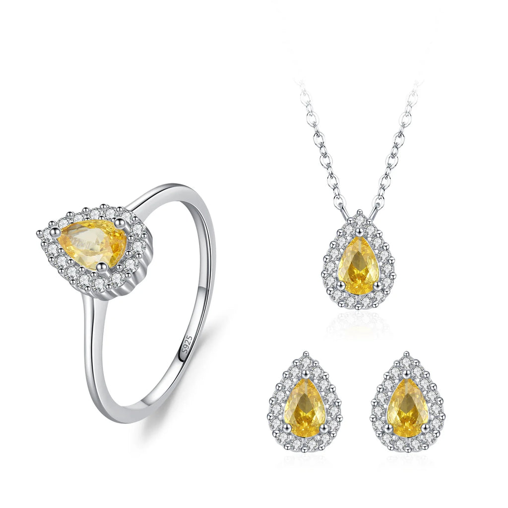 Fine Jewelry Engagement Bridal Diamond Jewelry Set 925 Sterling Silver Yellow Drop-Shaped Zirconia Ring Earrings Necklace Sets